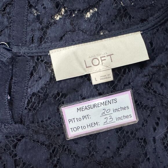 Loft Women Sz L Navy Lace Crochet Round Neck Cap Sleeve - Picture 6 of 6